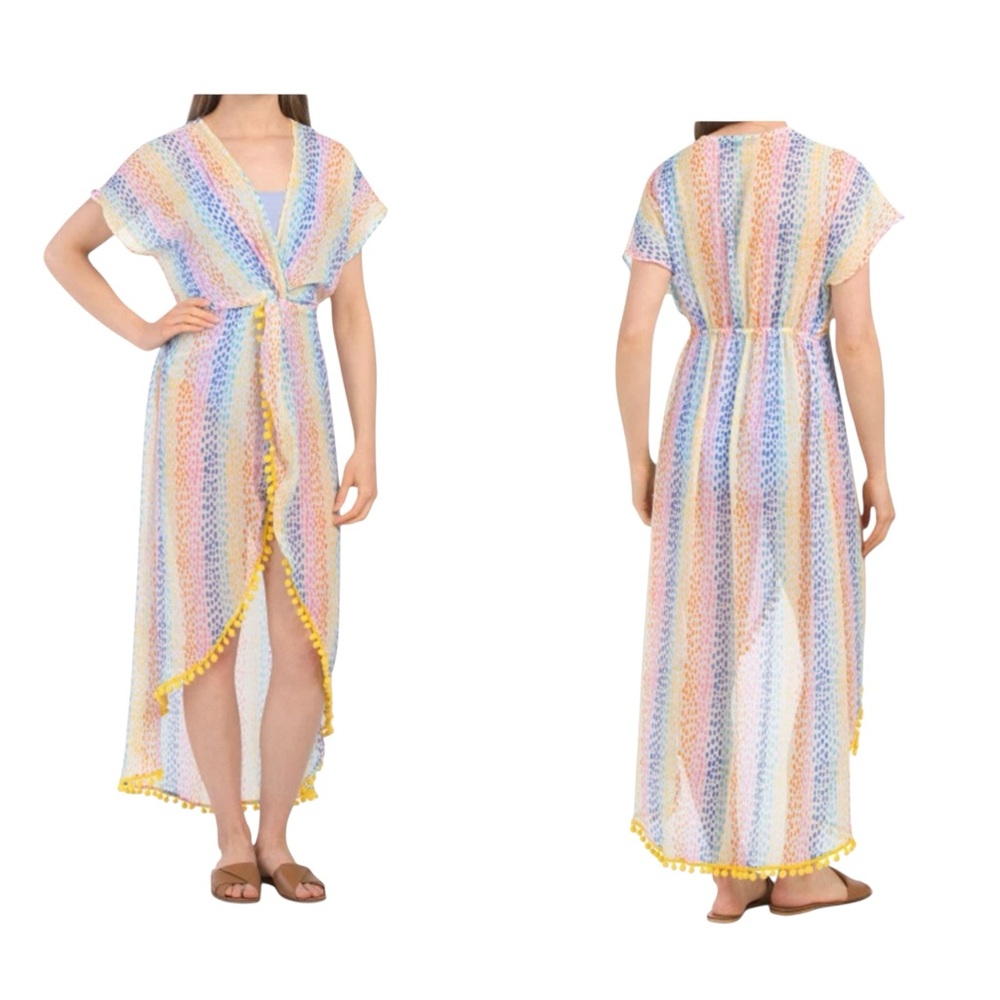 America & Beyond Rainbow Cheetah Maxi Dress Cover-Up with Pom Pom size Small